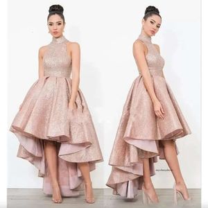 Rose Gold Homecoming -jurken Halter High Low Gitter Short Prom Tai Dress Custom Vestido de Novia Plus Size Graduation Party Jurken 0431