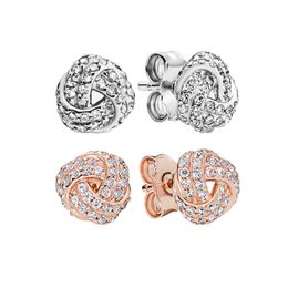 Boucles d'oreilles en or rose avec nœud en argent sterling 925, bijoux de fête de mariage pour femmes et filles, boîte originale pour Pandora CZ Diamond Designer, ensemble de boucles d'oreilles, vente en gros d'usine