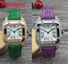 Rose Gold Lederen Womens Horloge 32mm Diamanten Iced Out Square DSigner Quartz Movement Reloj Polwatches