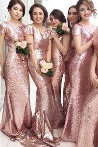 Rose Gold Long Bruidsmeisje Jurken 2019 Korte Mouw Scoop Mermaid Style Maid of Honour Jurk Avondjurken Party Trouwjurk Sexy Long