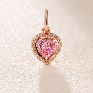 Chapado en metal dorado rosa, colgante de corazón rosa brillante, abalorio para joyería Pandora europea, pulseras con dijes