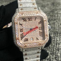 Rose Gold Mixed Silber Zirkonia Diamanten Uhr Römische Ziffern Luxus MISSFOX Quadratische Mechanische Männer Voll Iced Out Uhren Cub245x
