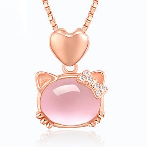 Colliers en or rose mignon chat Ross Quartz rose opale bijoux collier pour femmes filles enfants cadeau collier ras du cou