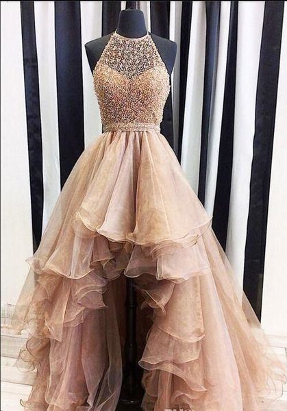 Rose Gold New Arrival High Low 2017 Una línea de vestidos de baile Lace Jewel Illusion Sweetheart con cuentas sin mangas de tul faldas con gradas vestidos de noche