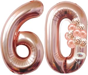 Rose Gold Numéro 60 Ballons d'anniversaire Grands ballons de 32 pouces 60e ballons confettis Balloons de latex joyeux 60e anniversaire décorations