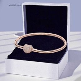 Pulseras con dijes y cierre de corazón con pavé de oro rosa para pulsera de serpiente de plata de ley 925 para mujer, regalo de novia, joyería de diseño original