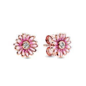 Boucles d'oreilles à tige en forme de marguerite rose en or rose avec boîte d'origine pour Pandora en argent sterling, bijoux à la mode pour femmes, cadeau pour petite amie, ensemble de boucles d'oreilles en diamant CZ