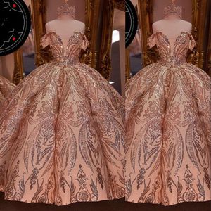 Roségouden roze lovertjes elegent quinceanera -jurken baljurk uit schoudersleutelgat plus size sequgels Lace formeel feest prom avondjurken 403