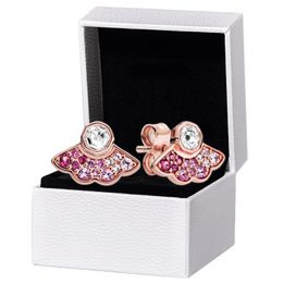 Pendientes de tuerca con forma de abanico de piedra rosa de oro rosa para Pandora Plata de ley 925 Joyería de boda linda para mujer Regalo de novia Pendiente de diseñador con caja original