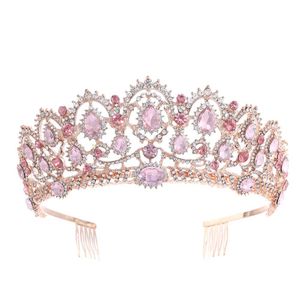 Rose Gold Pink Vintage Barok Queen King Haar Sieraden Parel Crystal Tiara en Crown met kam hoofdband Bruids Rhinestone Diadem