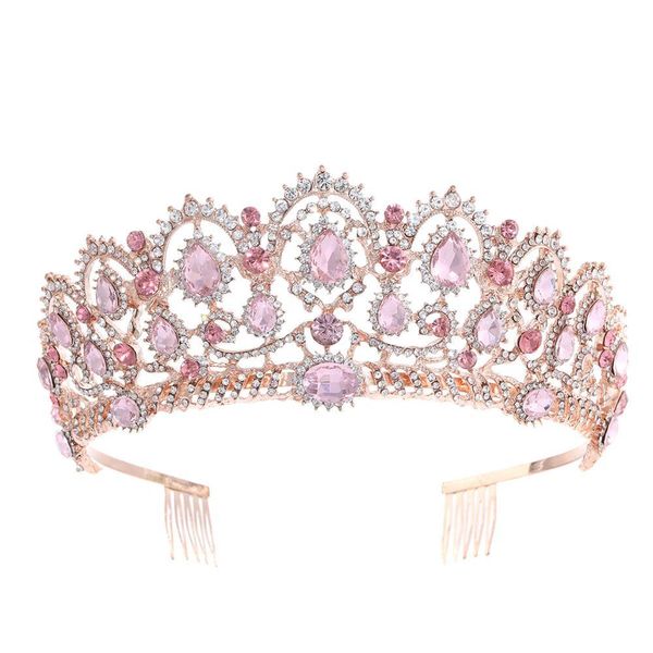 Bijoux de cheveux Vintage Baroque reine roi Rose or Rose diadème et couronne en cristal de perles avec peigne bandeau diadème en strass de mariée