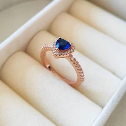 Bague en forme de cœur surélevé bleu scintillant plaqué or Rose, bijoux Pandora, fiançailles, amoureux de mariage, à la mode pour femmes