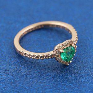 Rose vergulde sprankelende verhoogde hart ring met groene kubieke zirconia fit pandora sieraden engagement huwelijksminnaars mode ring voor vrouwen