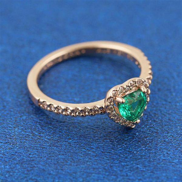 Bague en forme de cœur surélevée scintillante plaquée or rose avec zircone cubique verte, adaptée aux bijoux Pandora, fiançailles, amoureux de mariage, mode Rin228E