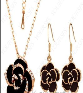 Rose Gold PLATED gebruik Crystal Necklaceearring Gemstones Sieraden Flash Zwarte bloem hanger ketting9588265