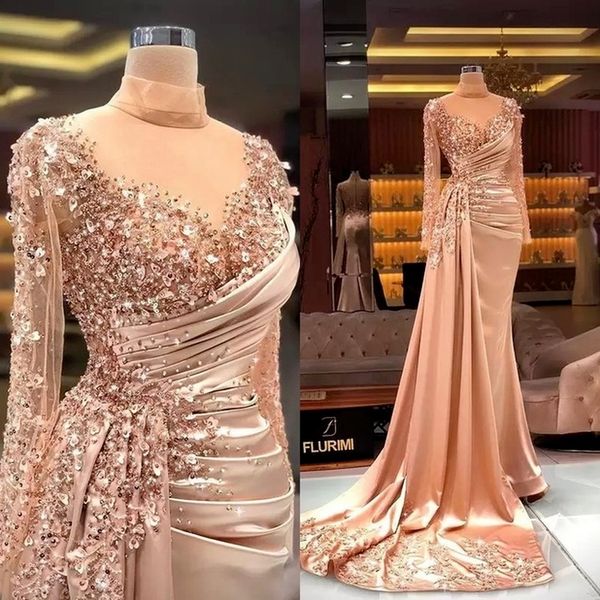 Or rose grande taille arabe Aso Ebi sirène sexy robes de bal col transparent perles paillettes soirée formelle fête deuxième réception robes robe luxueuse BC12595