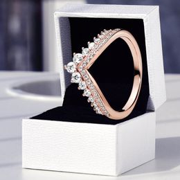 Anéis de empilhamento de princesa em ouro rosa real 925 prata feminino meninas jóias de casamento com caixa de varejo original para Pandora CZ conjunto de anel de presente de noivado de diamante