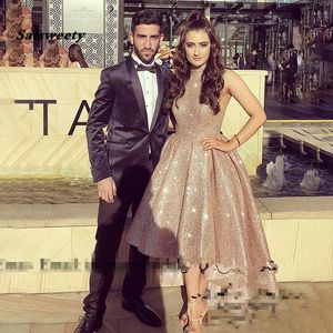 Rose Gold Prom -jurken Glitter lovertjes Arabische Dubai Graduation Party Jurk goedkope Afrikaanse meisjes formele Dubai avondjurken