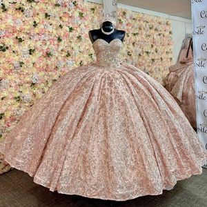 Robe de Quinceanera en or rose, robe de bal, douce, 15 robes, nœud, paillettes, perles appliquées, robe de princesse de fête, grande taille, personnalisée