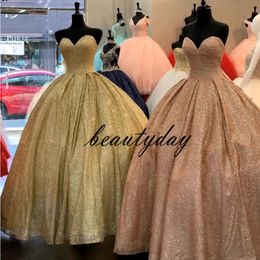 Rose Gold Quinceanera Vestidos Ball Gown 2020 Strapless Sweet 16 Prom Vestes Sparling Flash Gowns Vestidos de talla grande de 15 2105