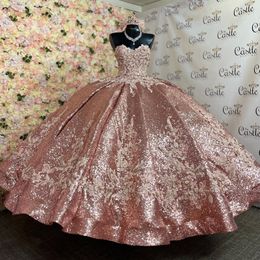 Robes de Quinceanera en or rose fête d'anniversaire élégantes appliques de cristal paillettes brillantes robes de bal de soirée en tulle pour femmes robe de bal
