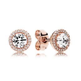 Or Rose Rond Sparkle Halo Boucles D'oreilles Pour Pandora Authentique En Argent Sterling Hip Hop Bijoux De Fête Pour Femmes Hommes Petite Amie Cadeau Ensemble De Boucles D'oreilles Avec Boîte D'origine