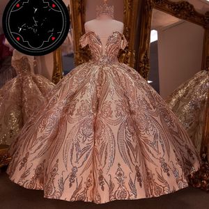 Vestidos de quinceañera con apliques de lentejuelas de oro rosa y hombros descubiertos, falda hinchada y fruncida, vestido dulce 16, vestidos de 15 años