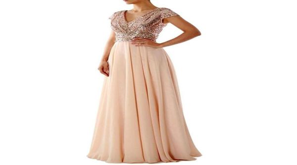 Vestido de dama de honor con lentejuelas de oro rosa Estilo campestre Hasta el suelo Gasa Vestidos de fiesta formales Vestido de noche con cuello en V 76103816857828