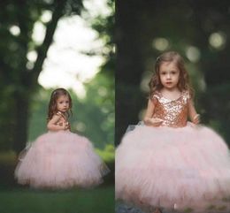 Rose Gold Sequin Flower Girls Jurken 2018 Nieuwe Puffy Ball Toga Vloerlengte Eerste Communie Jurken Meisjes Pageant Town Custom Goedkoop Goedkoop