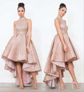 Rose Gold Paillettes Arabe Robes De Bal Courtes 2024 Col Haut Plus La Taille Haut Bas Pas Cher Filles Africaines Formelle Pageant Robes De Soirée