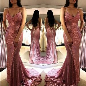 Rose Gold Sequined Prom Dresses with Spaghetti-riemen Terug Criss Cross Riber Mermaid Avondjurken Custom Made Cocktail Party Jurk