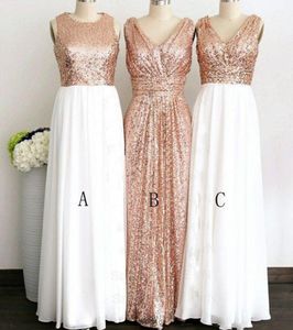 Rose gouden lovertjes drie verschillende stijl lange bruidsmeisjekleding voor bruiloft elegante meid van eer jurken vrouwen formele feestjurken