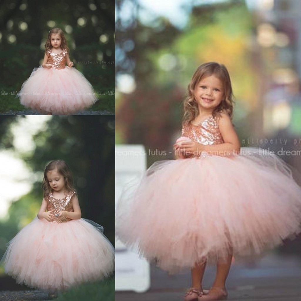 Rose Gold Pailletten Blush Tutu Blumenmädchenkleider Puffy Rock in voller Länge Kleines Kleinkind Säuglingshochzeitsfest Kommunion formelles Kleid