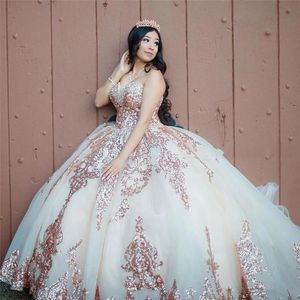 Roségouden pailletten quinceanera -jurken 2022 applique sweetheart halslijn prom ball jurk op maat gemaakte ruches vestidos formele avondkleding korset terug bc11543