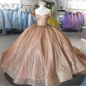 Roségouden pailletten quinceanera jurken korte mouwen sweetheart halslijn ruches zoet 16 verjaardagsfeestje prom ball jurk formele avondkleding vestidos 403 403