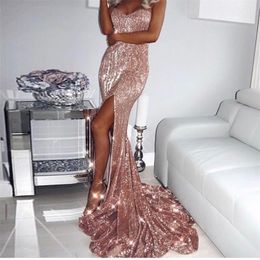 Rose Gold sexy pailletten lange prom -mermelid voor vrouwen maxi feestjurk met hoge spleet avondjurken formele jurken goedkope es mal