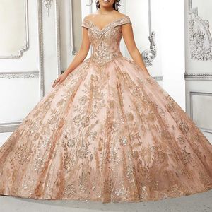 Robe De bal brillante en or Rose, robe Quinceanera, avec des Appliques en dentelle et des perles, épaules dénudées, douce 15 à 16 ans, 2024