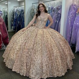 Robe De Quinceanera brillante en or Rose, robe De bal avec gros nœud, pour douces de 16 à 15 ans, en dentelle pailletée et perles, princesse De XV 15 ans, 2024