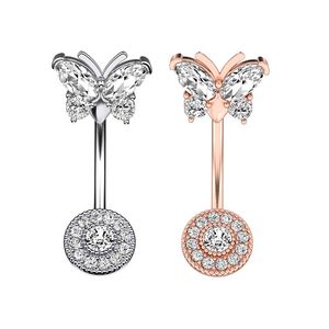 Anillos para ombligo con circonita y mariposa de oro rosa/plata, Piercing para ombligo de acero quirúrgico a la moda, joyería corporal de alta calidad