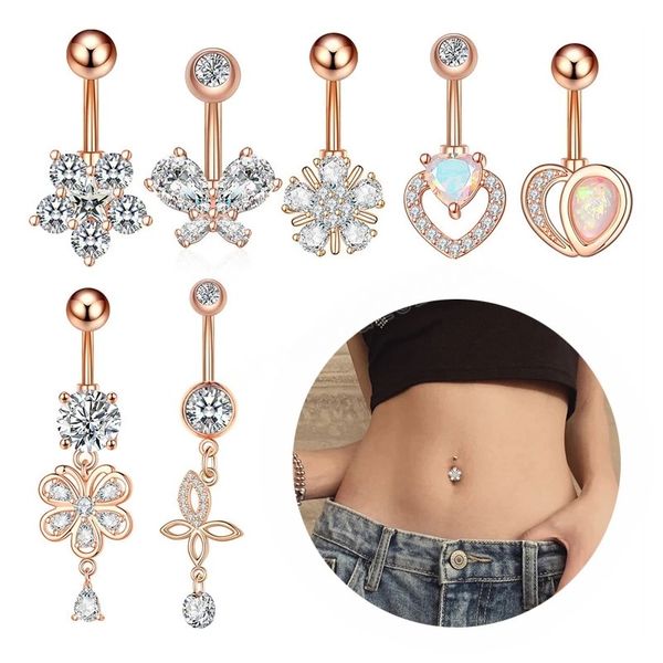 Rose Gold Argent Couleur Navel Piercing Bar Stud CZ Gem Dangling Belly Bague Bague Butterfly Fleur Cœur Sexy Body Bijoux