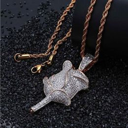 Or Rose Argent Or Rose Forme Pendentif Or CZ Bling Shine Hip Hop Pendentif Collier Zircon Cubique 3D Pendentif avec Corde de 24 pouces C220H