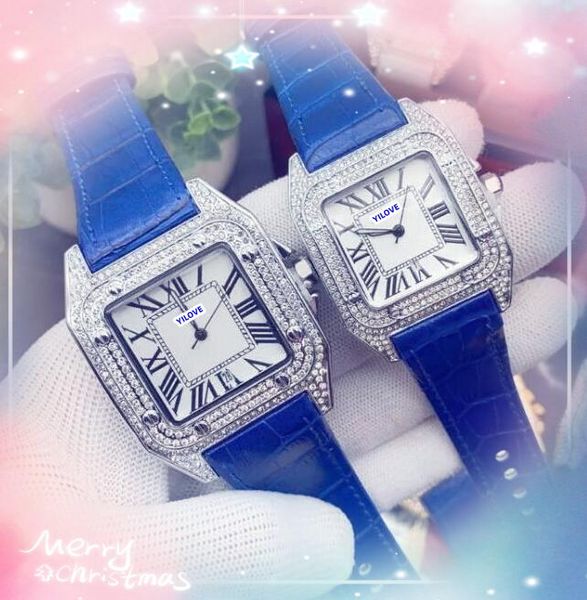 Rose Silver Simple Dial Men's Women's Watch Quartz Moving Reloj de lujo Diamantes Diamantes Ring Square Tank Roman Dial Blue Vacas de cuero de vaca Relojes