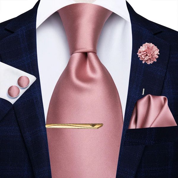 Corbata de boda de seda sólida de oro rosa para hombre, mancuerna práctica, Clip de flor, regalo, corbata para hombre, moda, fiesta de negocios, Dropshiping Hi-Tie 240119