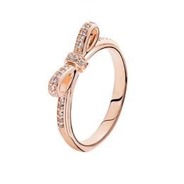 Rose Gold Sparkling Bow RING Cadeau de mariage pour femmes filles avec coffret d'origine pour Pandora Real Sterling Silver CZ Diamond Rings