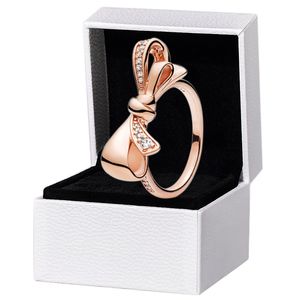 Or rose Sparkling Bow RING Womens 925 Bijoux de mariage en argent sterling pour pandora CZ diamant petite amie Bagues cadeaux avec boîte d'origine