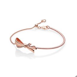 Rose Gold Sparkling Bow Slider Bracelet pour Pandora Real Silver Hand Chain Bijoux de mariage pour femme Girlfriend Gift designer Bowknot Bracelets avec boîte d'origine