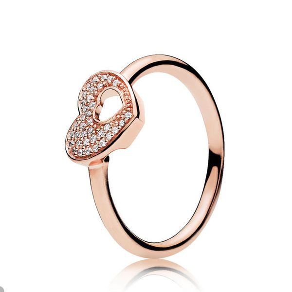 Bague coeur scintillant en or rose pour bagues de mariage en argent sterling, ensemble de bijoux pour femmes, cadeau de petite amie, bague d'amour de luxe avec boîte d'origine