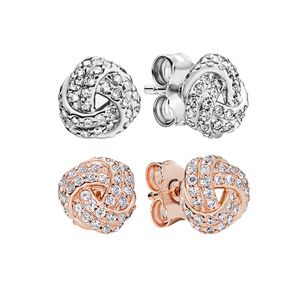 Rose Gold Sparkling Knot Stud Earring CZ Diamond Women Wedding Party Sieraden voor Pandora Real Sterling Silver Girlfriend Gift Designer oorbellen met originele doos