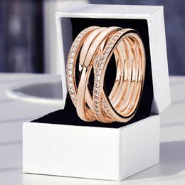 Bague de mariage en argent 925 véritable avec lignes polies étincelantes en or rose pour femmes et filles avec boîte d'origine pour cadeau de fiançailles en diamant Pandora CZ