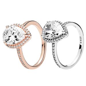 Rose Gold Sparkling Teardrop Halo Ring Dames Huwelijkscadeau Designer Sieraden Voor Pandora Sterling Zilver Verlovingscadeau Ring235R